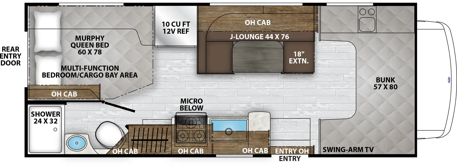 The Leprechaun 220XG Chevy 3500 has one entry and zero slide outs. Exterior features include: 15' awning. Interiors features include: murphy bed and bunk over cab.